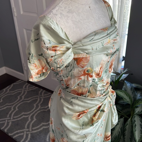 Pretty Little Things Sage Satin Floral Drape Bardot Dress - Picture 3 of 8